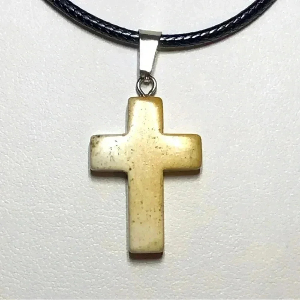 Picture Jasper Cross Natural Braided Stainless Steel Necklace NWT